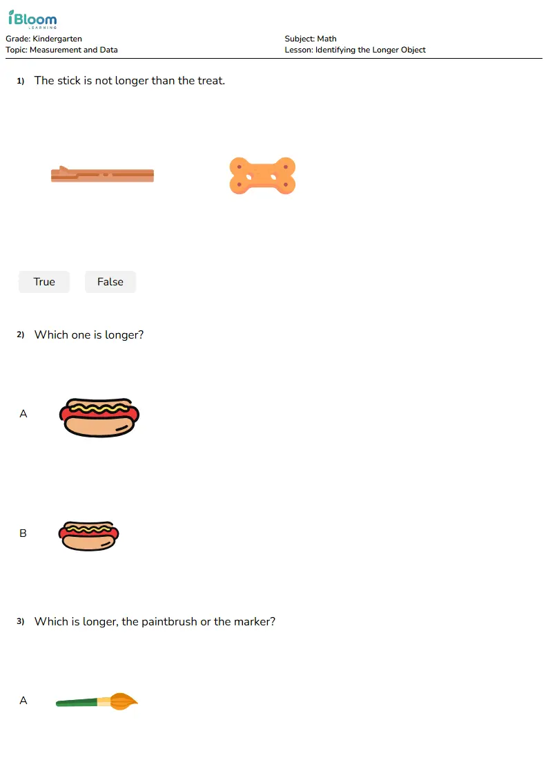 Free Identifying the Longer Object Worksheets for Kindergarten | iBloom