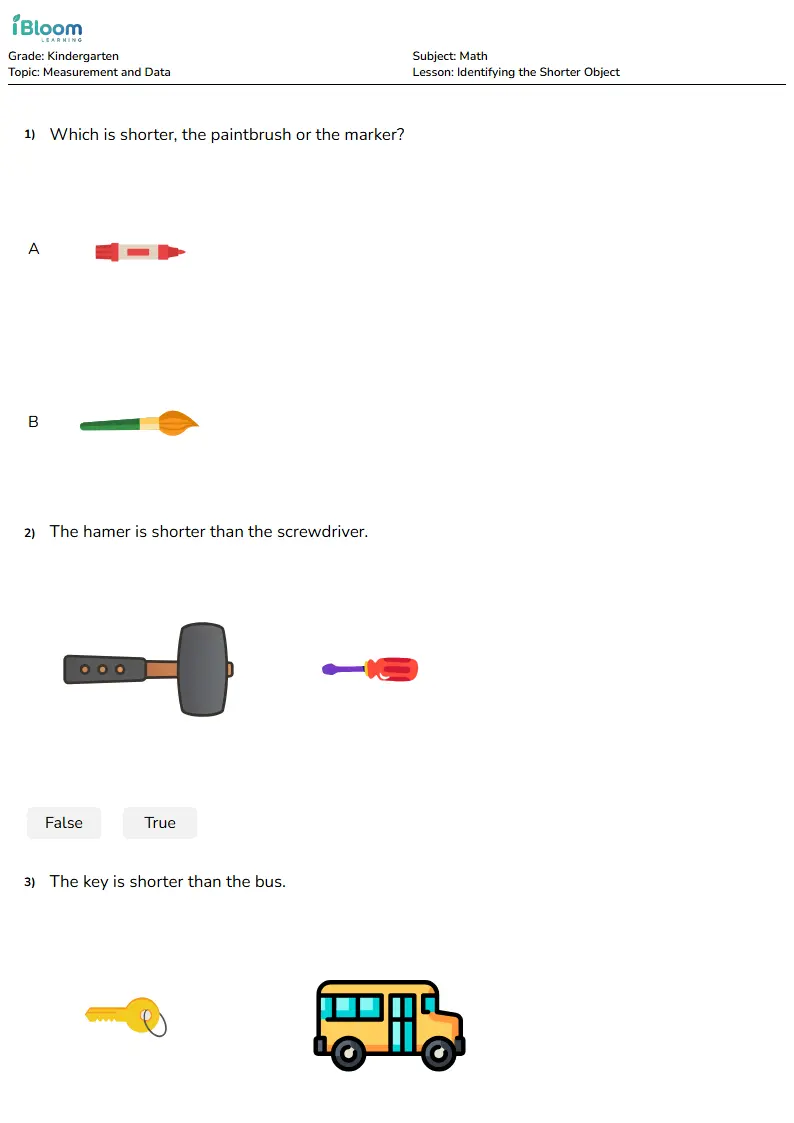 Free Identifying the Shorter Object Worksheets for Kindergarten | iBloom