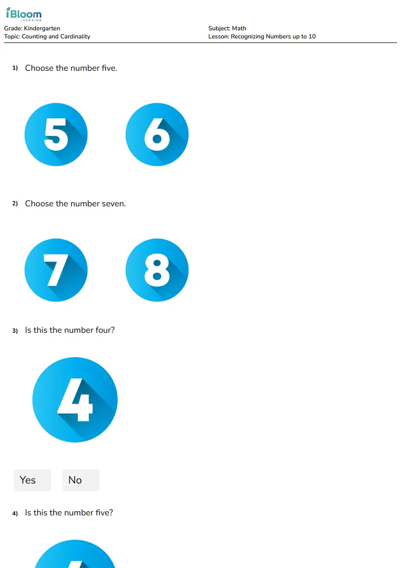 Free Recognizing Numbers up to 10 Worksheets for Kindergarten | iBloom