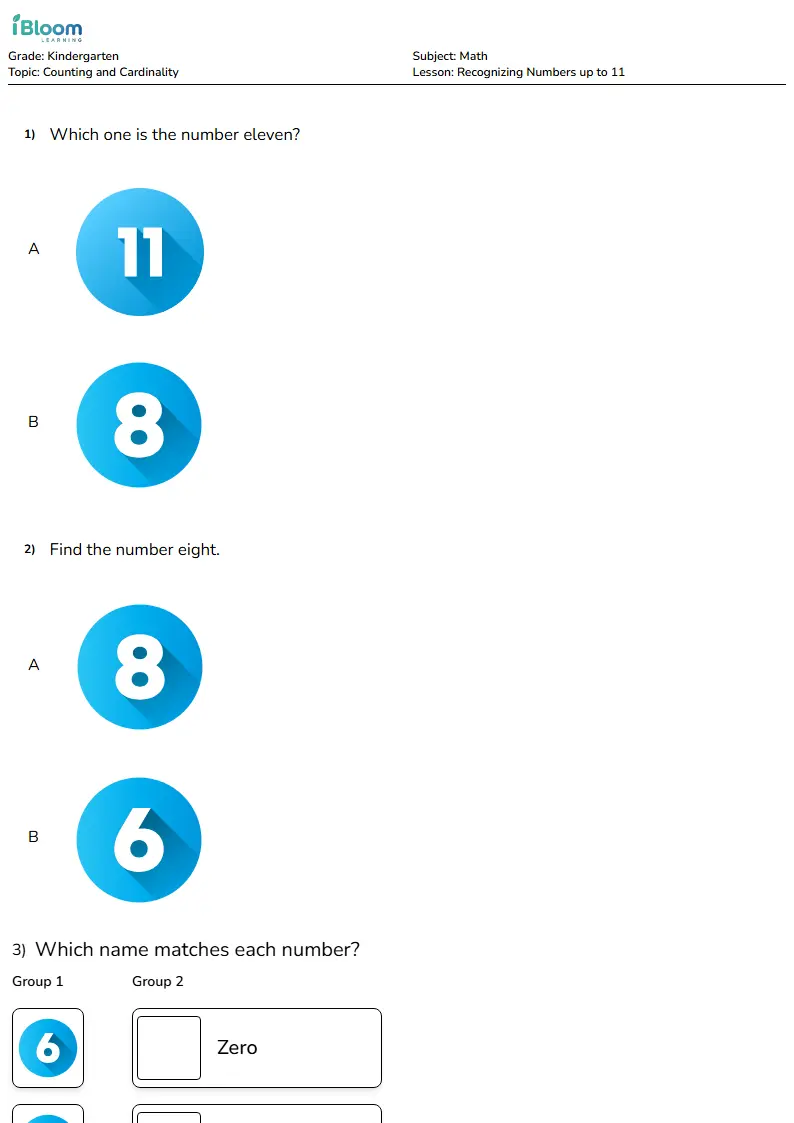 Free Recognizing Numbers up to 11 Worksheets for Kindergarten | iBloom