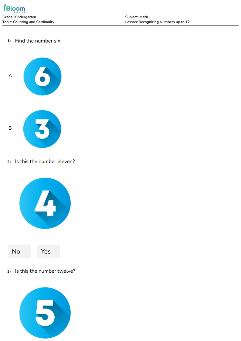 Free Recognizing Numbers up to 12 Worksheets for Kindergarten | iBloom