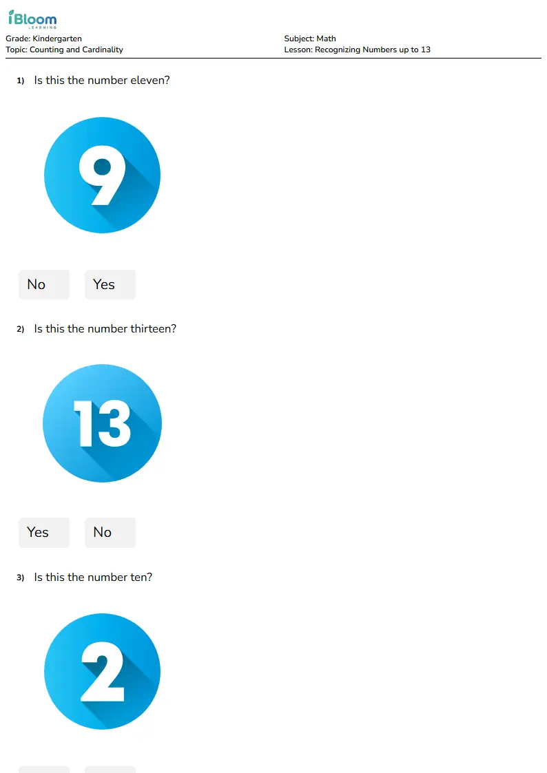 Free Recognizing Numbers up to 13 Worksheets for Kindergarten | iBloom