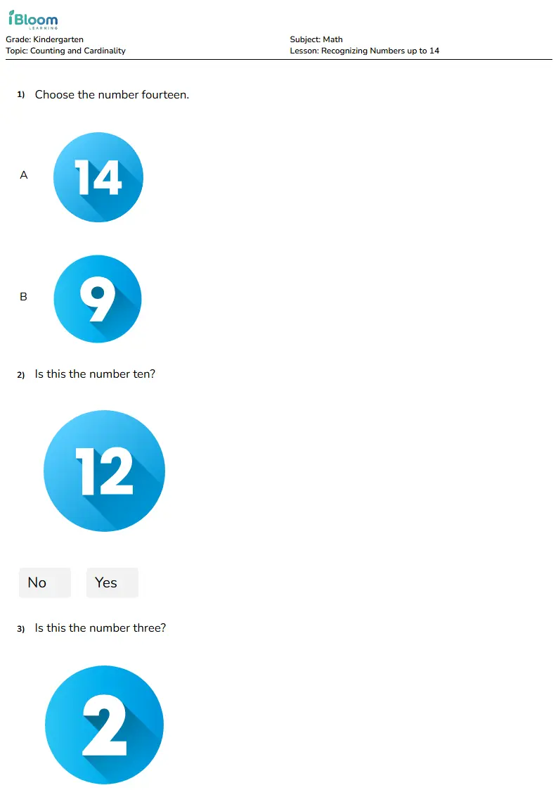 Free Recognizing Numbers up to 14 Worksheets for Kindergarten | iBloom