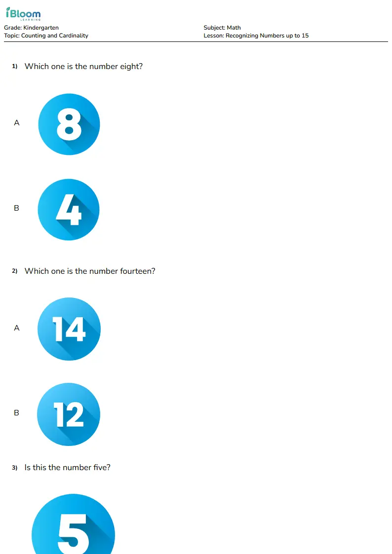 Free Recognizing Numbers up to 15 Worksheets for Kindergarten | iBloom