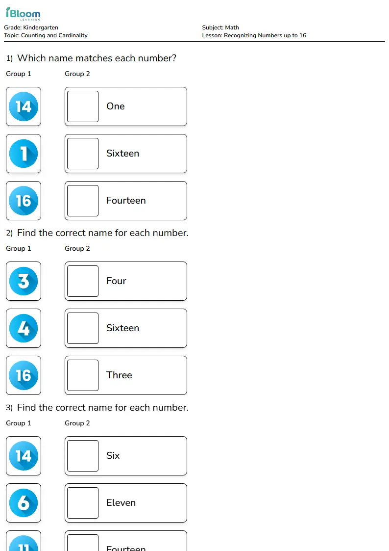 Free Recognizing Numbers up to 16 Worksheets for Kindergarten | iBloom