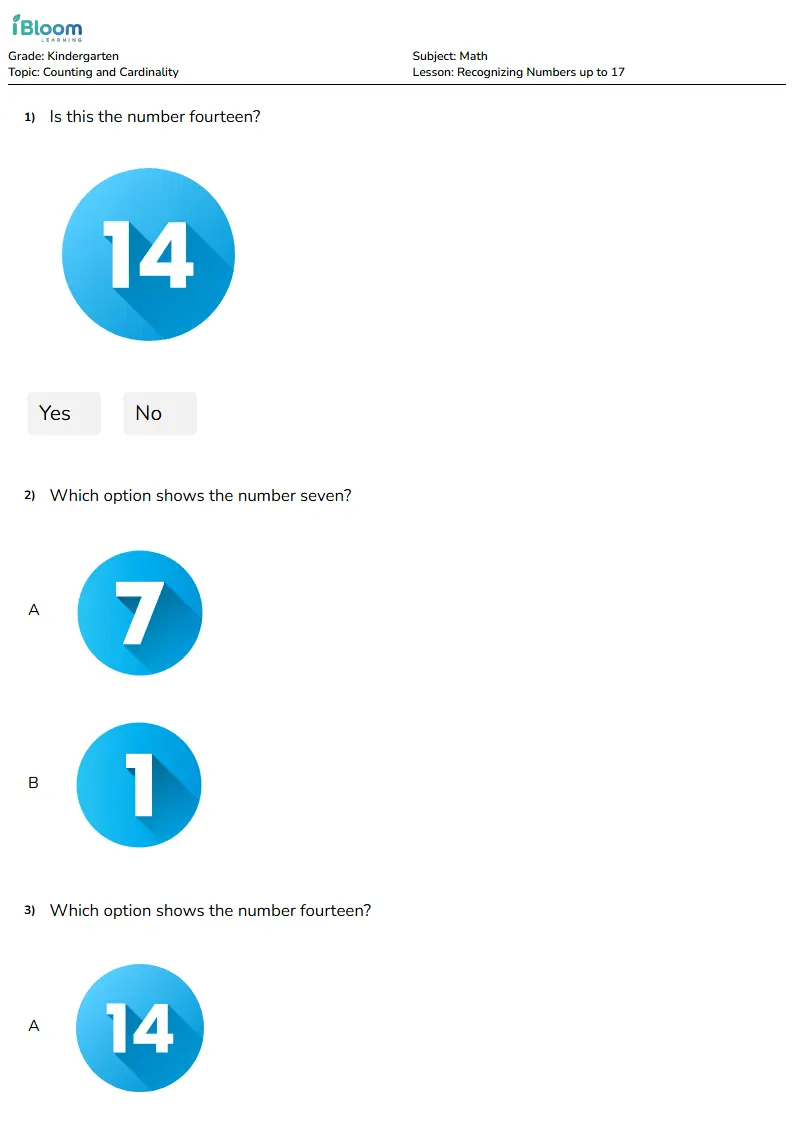 Free Recognizing Numbers up to 17 Worksheets for Kindergarten | iBloom