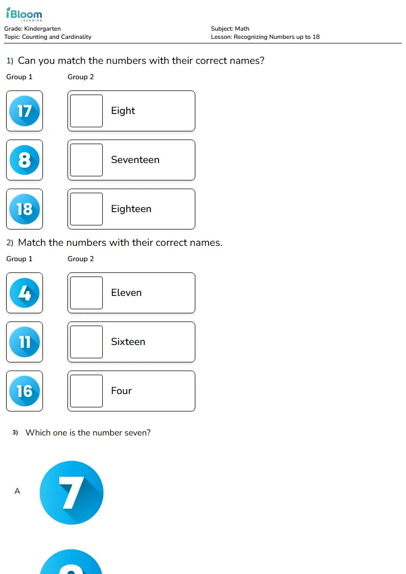 Free Recognizing Numbers up to 18 Worksheets for Kindergarten | iBloom