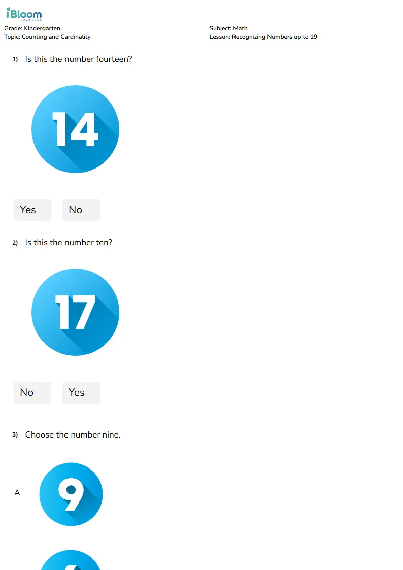 Free Recognizing Numbers up to 19 Worksheets for Kindergarten | iBloom