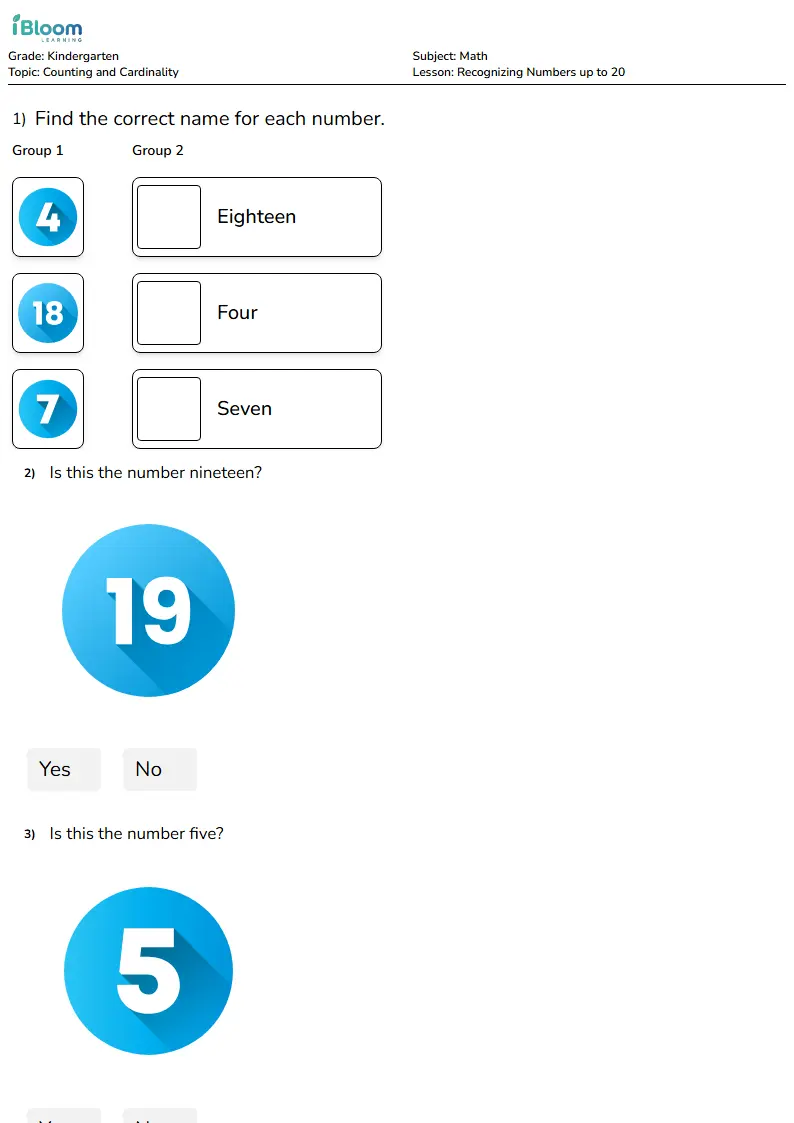 Free Recognizing Numbers up to 20 Worksheets for Kindergarten | iBloom