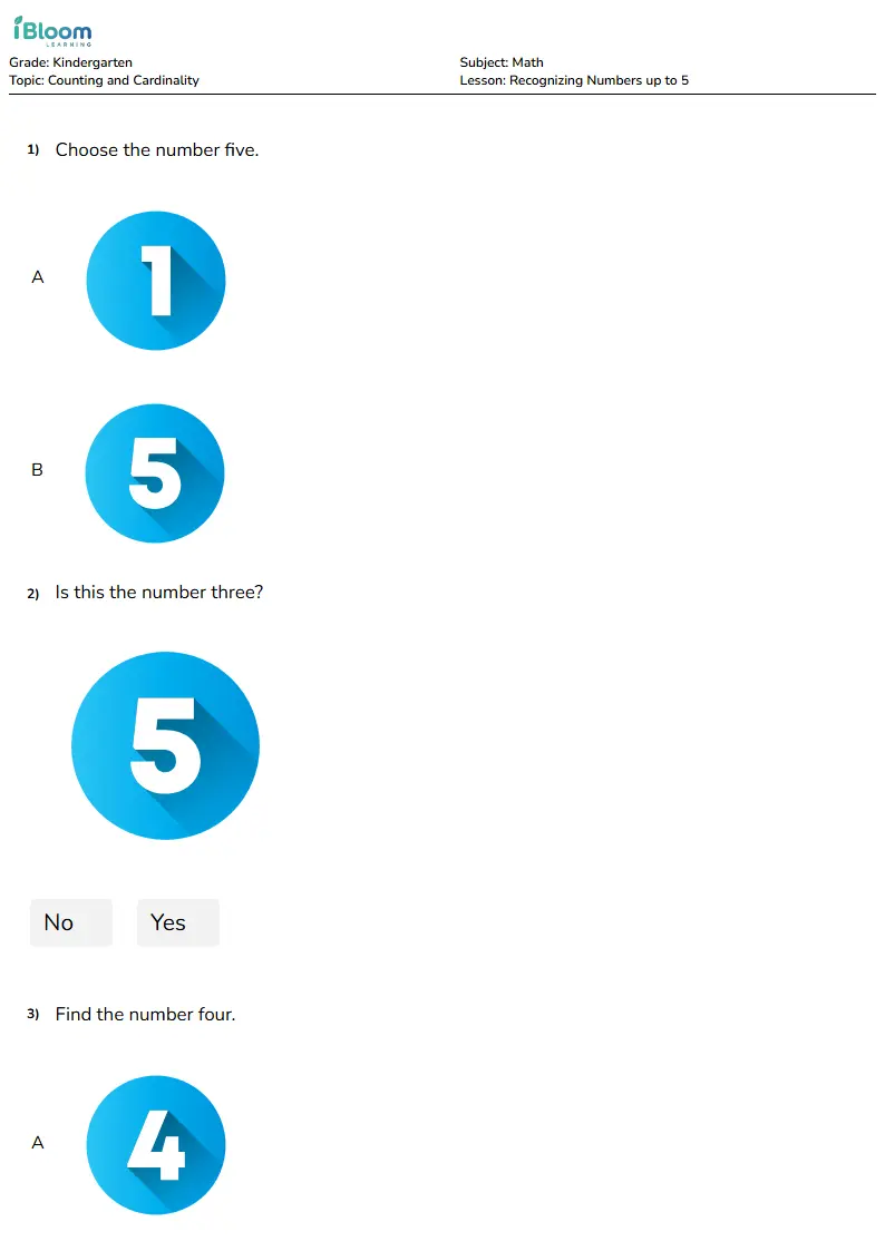 Free Recognizing Numbers up to 5 Worksheets for Kindergarten | iBloom