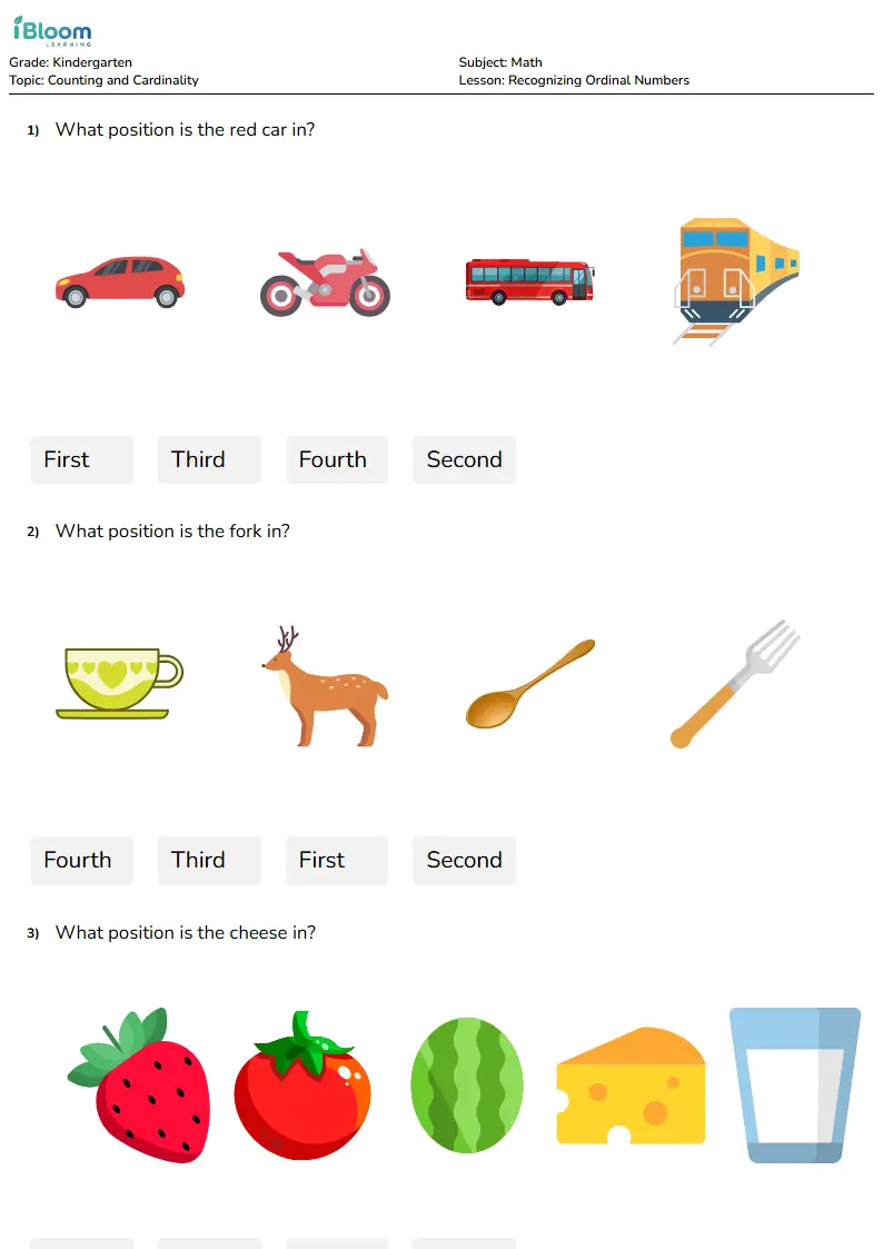 Free Recognizing Ordinal Numbers Worksheets for Kindergarten | iBloom