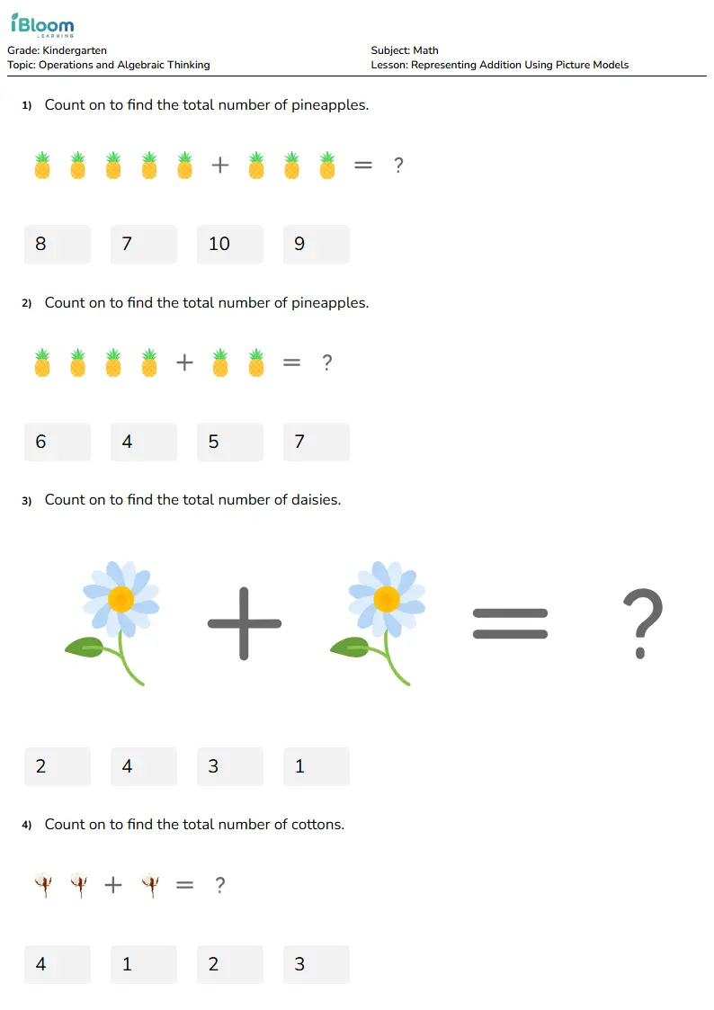 Free Representing Addition Using Picture Models Worksheets for Kindergarten | iBloom