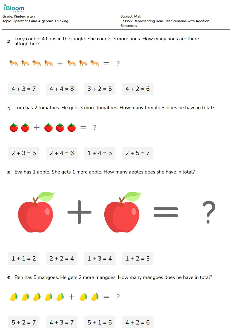Free Representing Real-Life Scenarios with Addition Sentences Worksheets for Kindergarten | iBloom