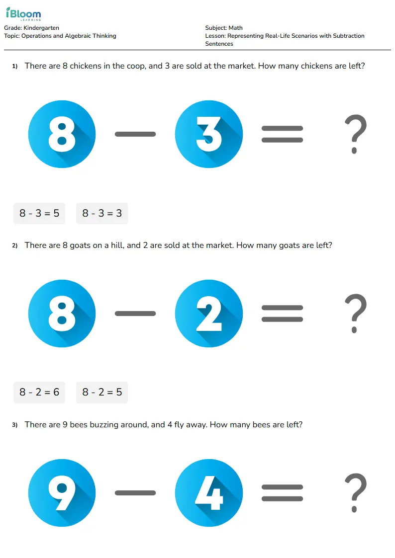 Free Representing Real-Life Scenarios with Subtraction Sentences Worksheets for Kindergarten | iBloom