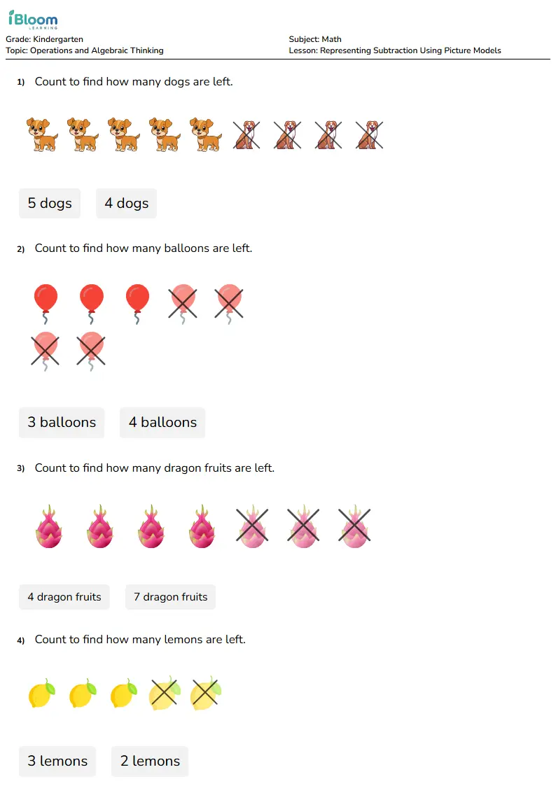 Free Representing Subtraction Using Picture Models Worksheets for Kindergarten | iBloom