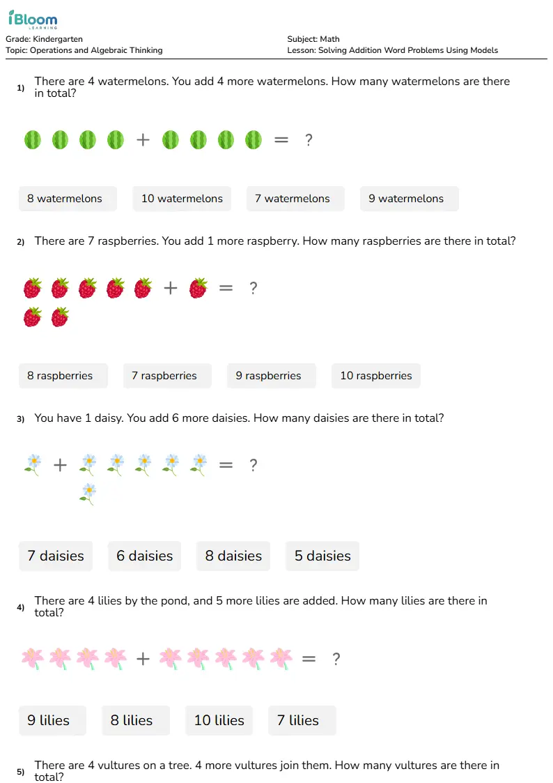 Preview image for Solving Addition Word Problems Using Models Worksheets for Kindergarten