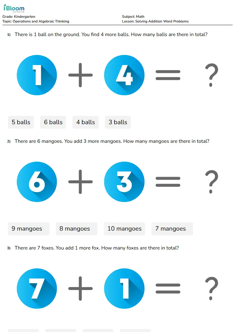 Free Solving Addition Word Problems Worksheets for Kindergarten | iBloom