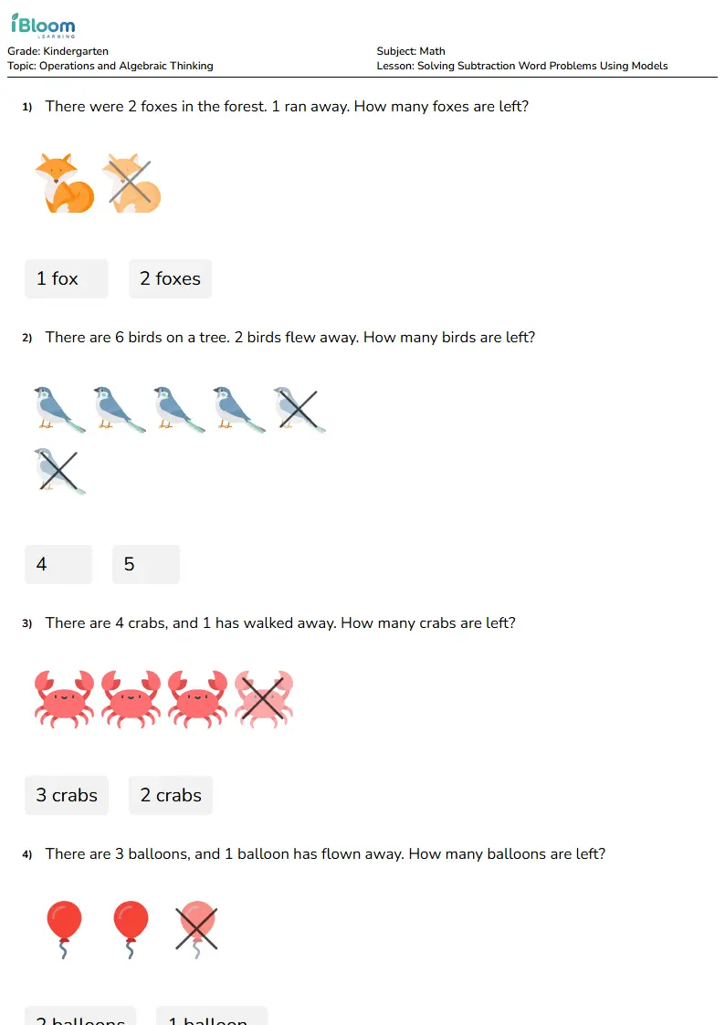 Preview image for Solving Subtraction Word Problems Using Models Worksheets for Kindergarten