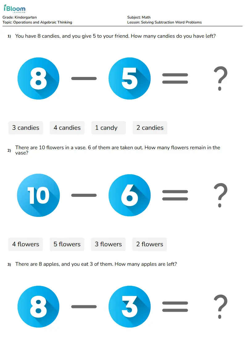 Free Solving Subtraction Word Problems Worksheets for Kindergarten | iBloom
