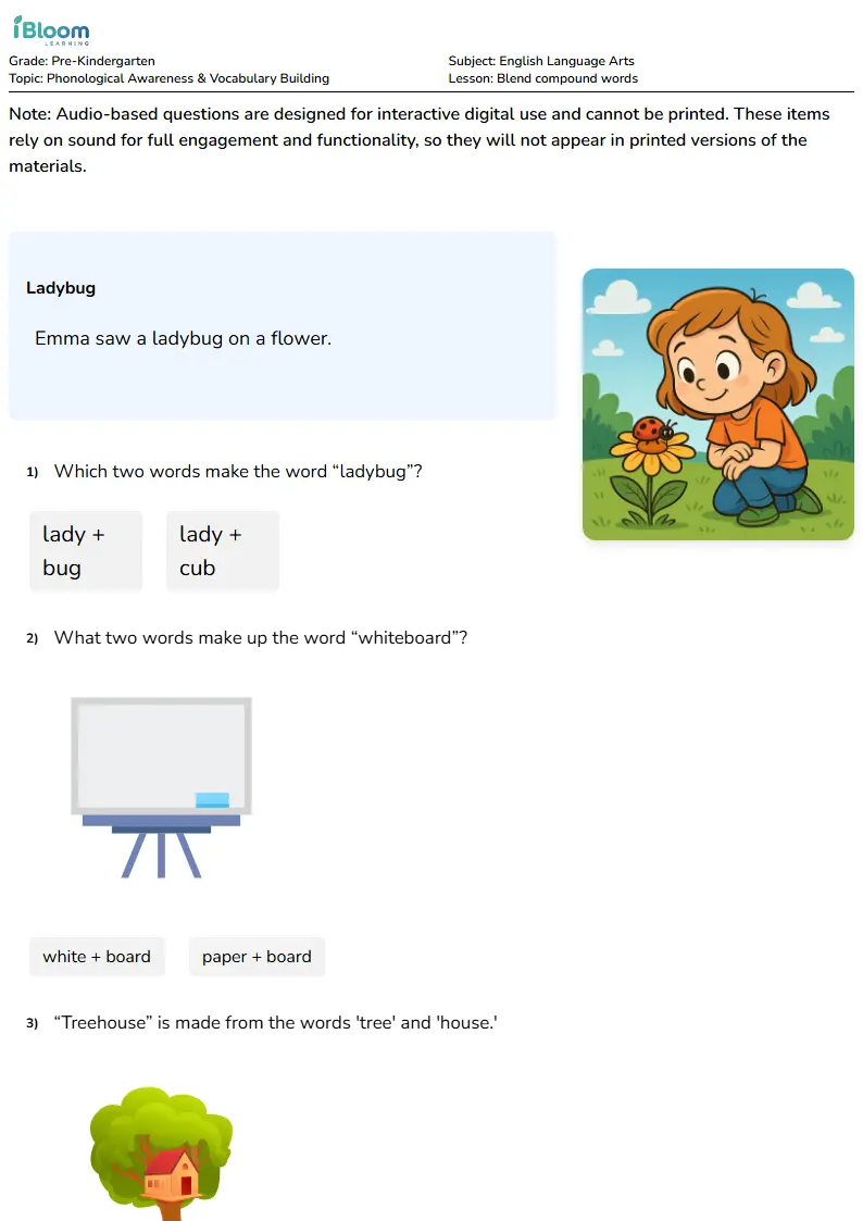 Free Blend compound words Worksheets for KG1