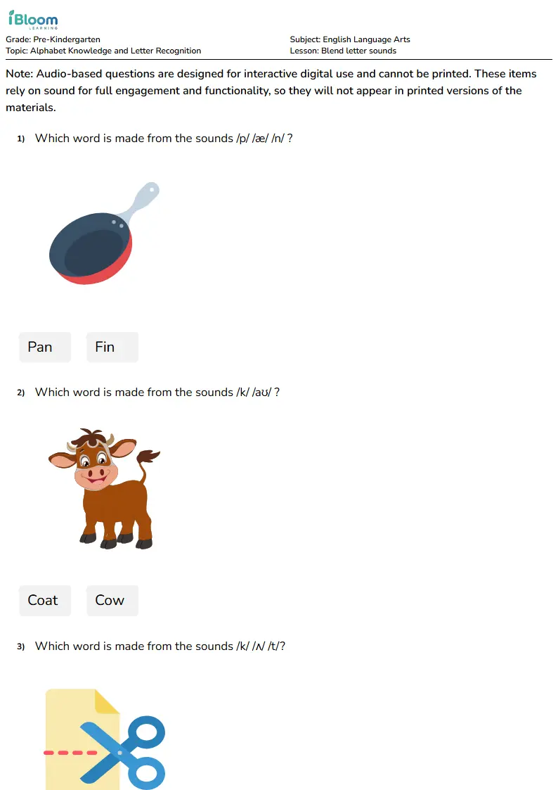 Free Blend letter sounds Worksheets for KG1