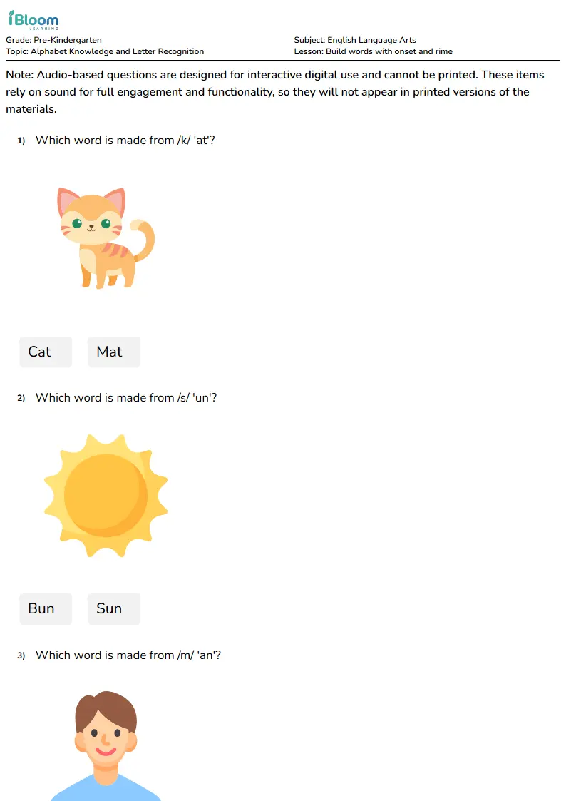 Free Build words with onset and rime Worksheets for KG1