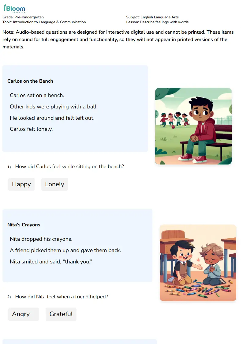 Free Describe feelings with words Worksheets for KG1
