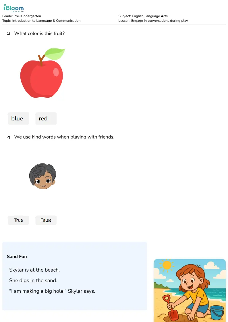 Free Engage in conversations during play Worksheets for KG1