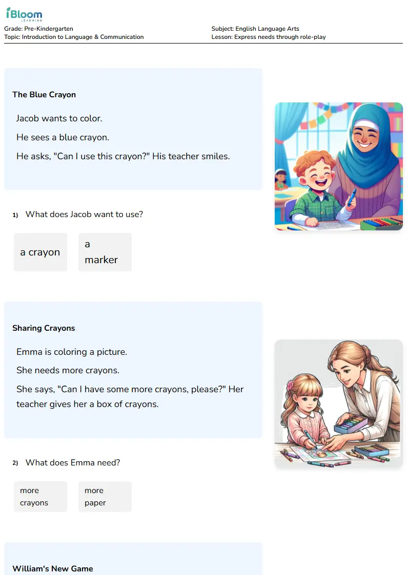 Free Express needs through role-play Worksheets for KG1