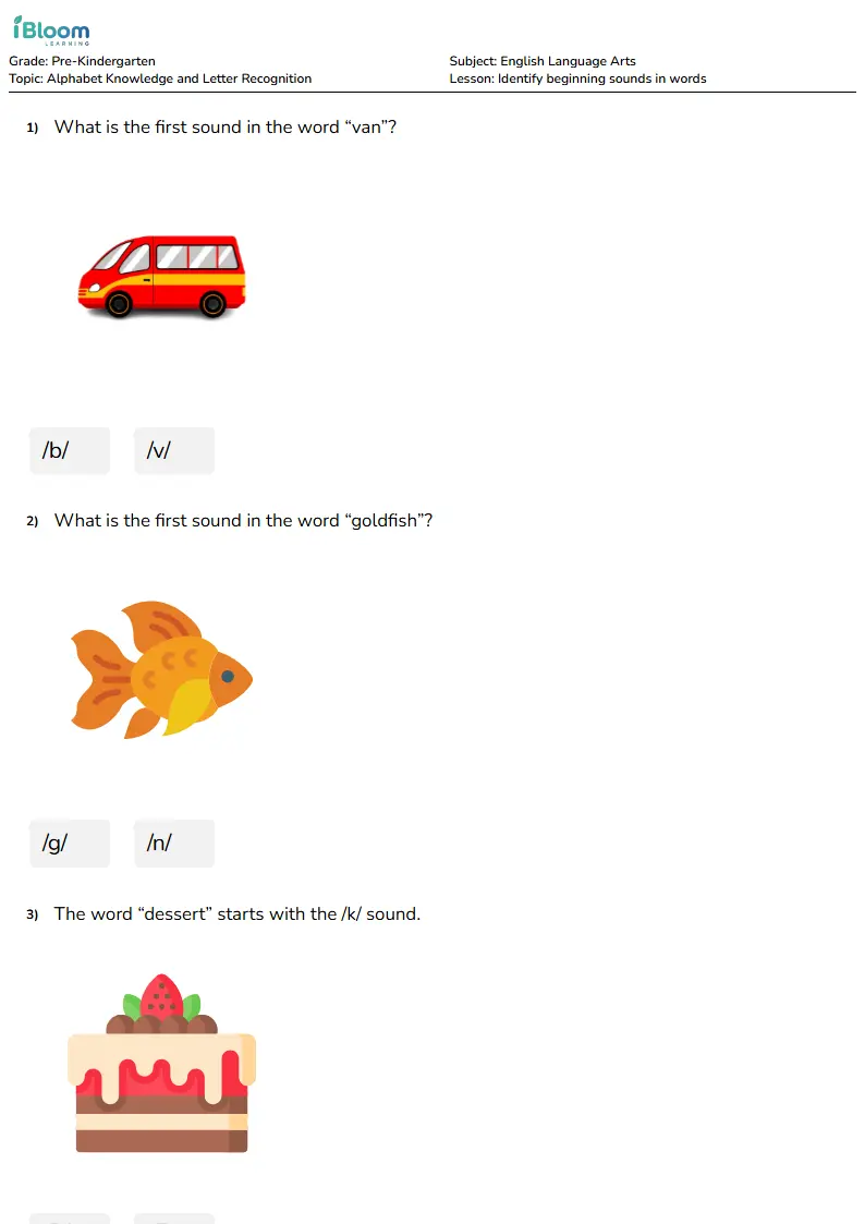 Free Identify beginning sounds in words Worksheets for KG1