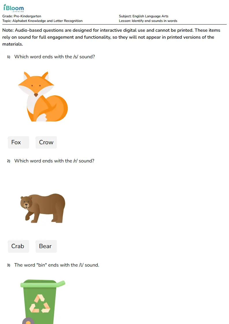 Free Identify end sounds in words Worksheets for KG1