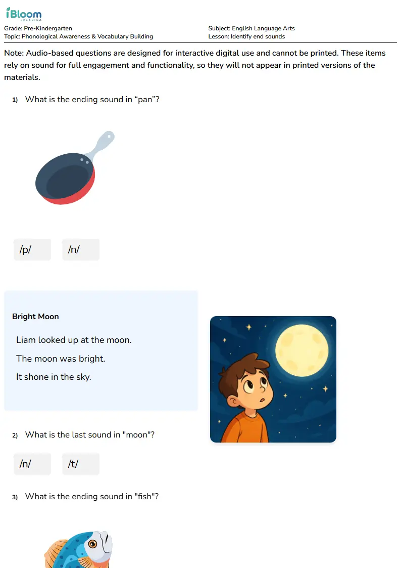 Free Identify end sounds Worksheets for KG1