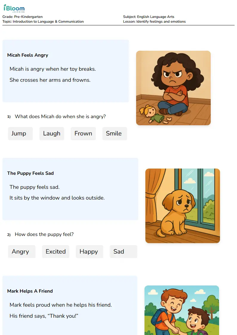 Free Identify feelings and emotions Worksheets for KG1