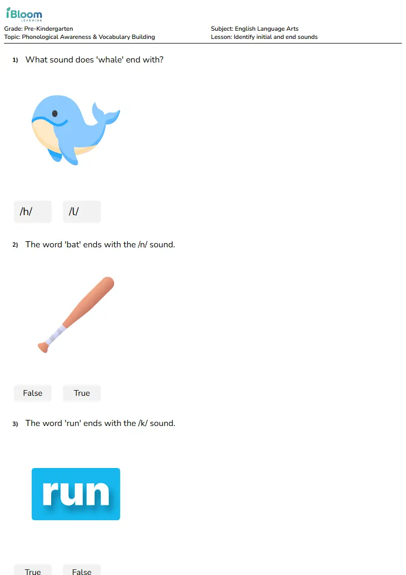 Free Identify initial and end sounds Worksheets for KG1