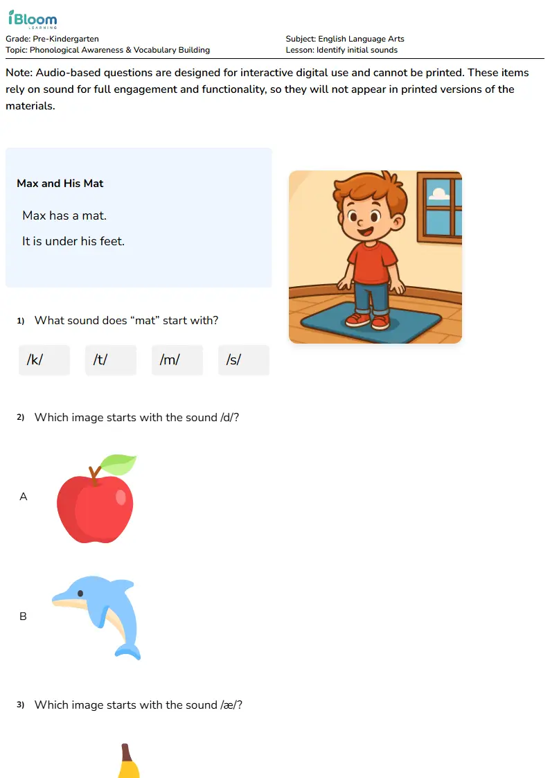Free Identify initial sounds Worksheets for KG1