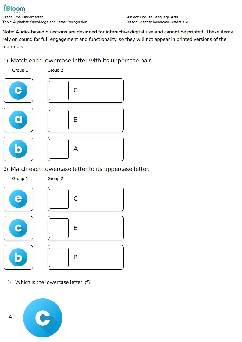 Free Identify lowercase letters a-e Worksheets for KG1
