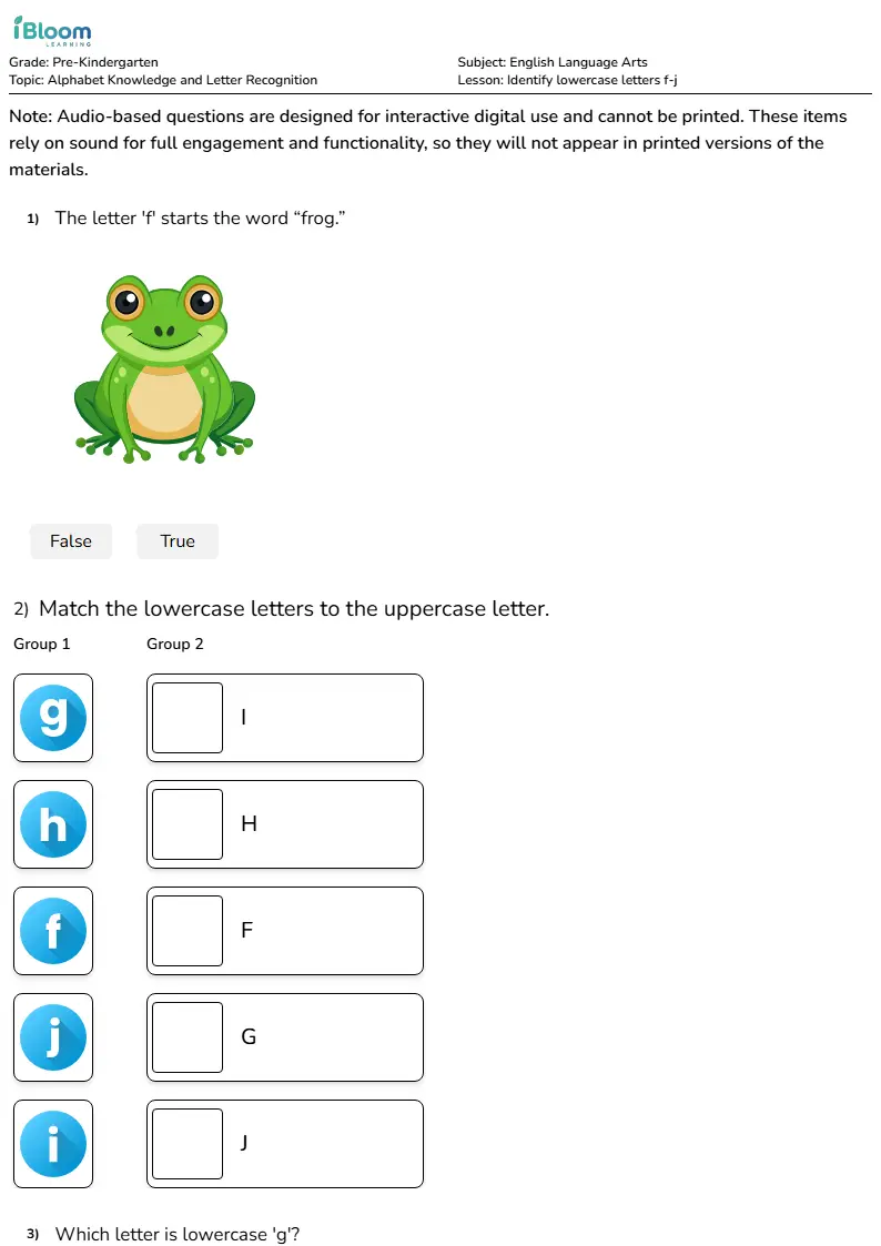 Free Identify lowercase letters f-j Worksheets for KG1