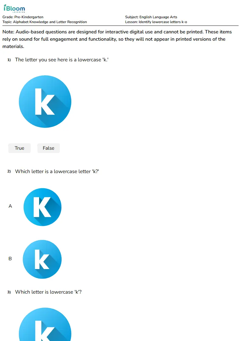 Free Identify lowercase letters k-o Worksheets for KG1