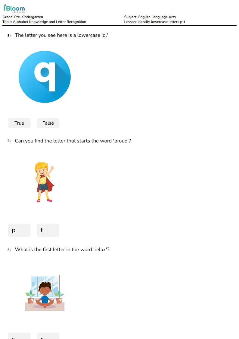 Free Identify lowercase letters p-t Worksheets for KG1