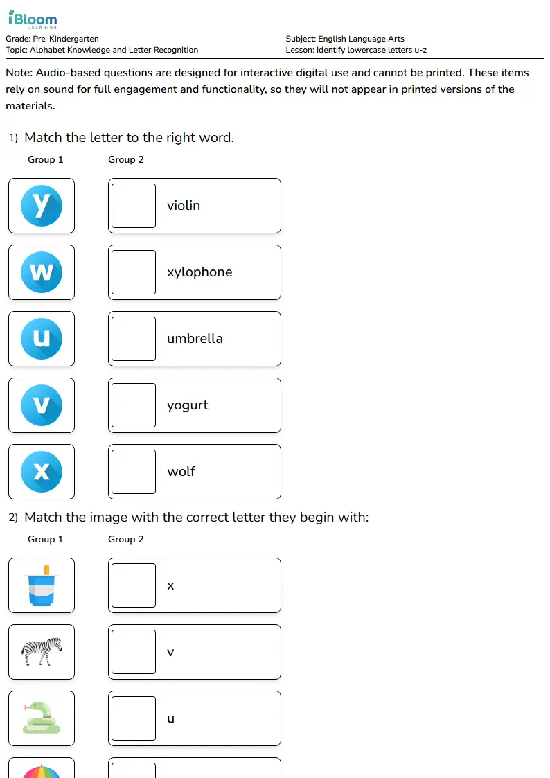 Free Identify lowercase letters u-z Worksheets for KG1