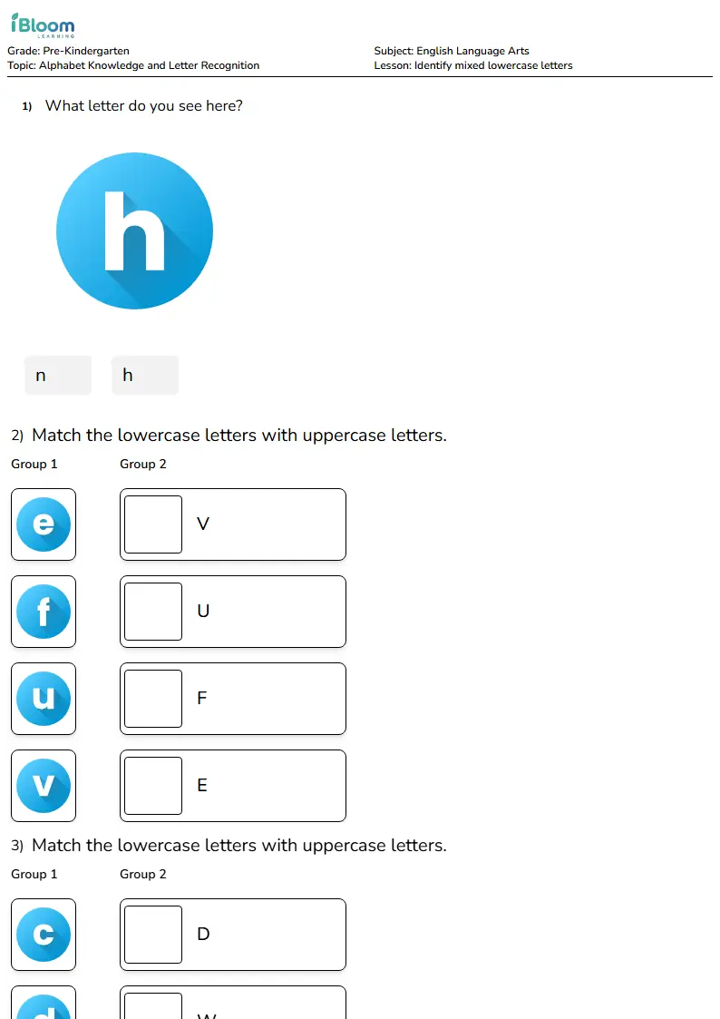 Free Identify mixed lowercase letters Worksheets for KG1