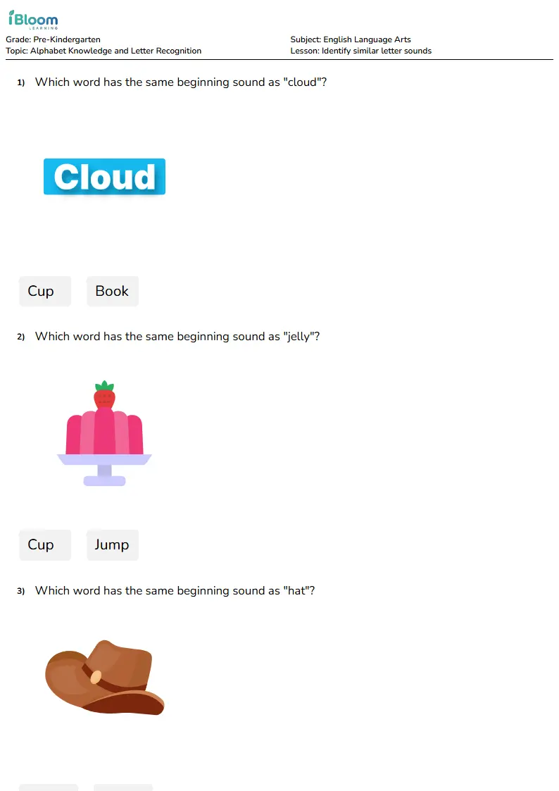 Free Identify similar letter sounds Worksheets for KG1