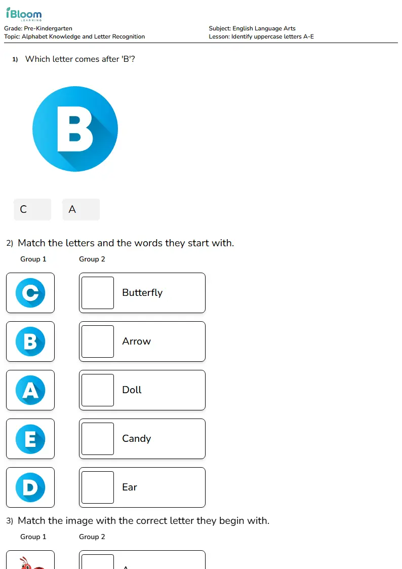 Free Identify uppercase letters A-E Worksheets for KG1