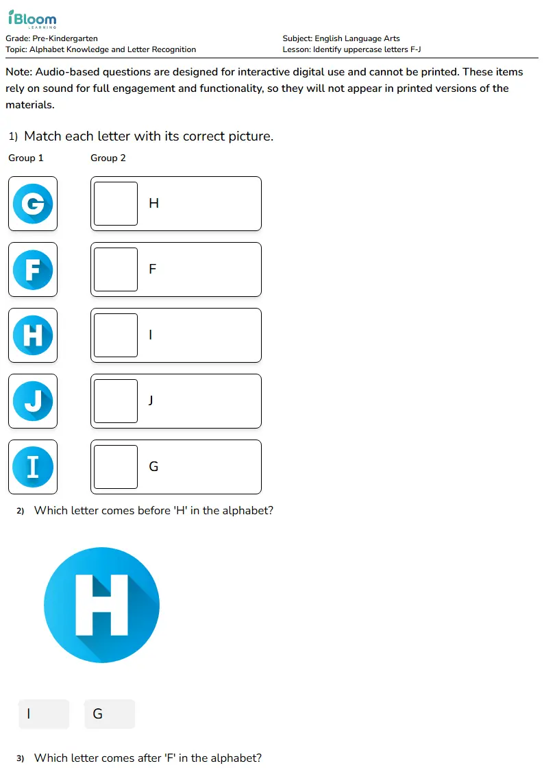 Free Identify uppercase letters F-J Worksheets for Pre Kindergarten | iBloom