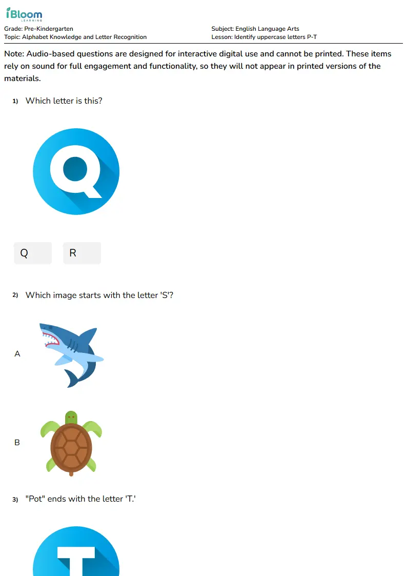 Free Identify uppercase letters P-T Worksheets for Pre Kindergarten | iBloom