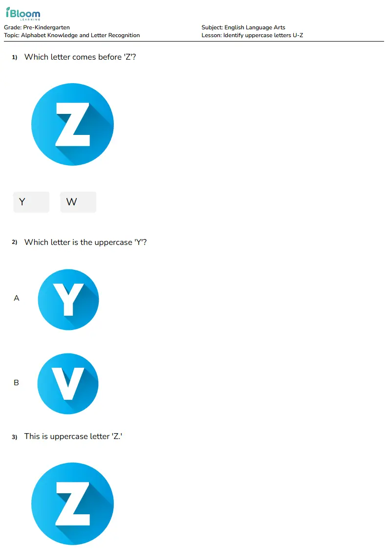 Free Identify uppercase letters U-Z Worksheets for Pre Kindergarten | iBloom