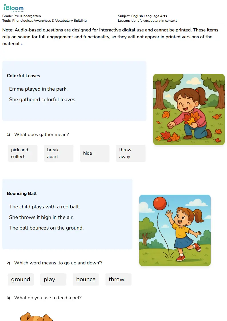 Free Identify vocabulary in context Worksheets for Pre Kindergarten | iBloom
