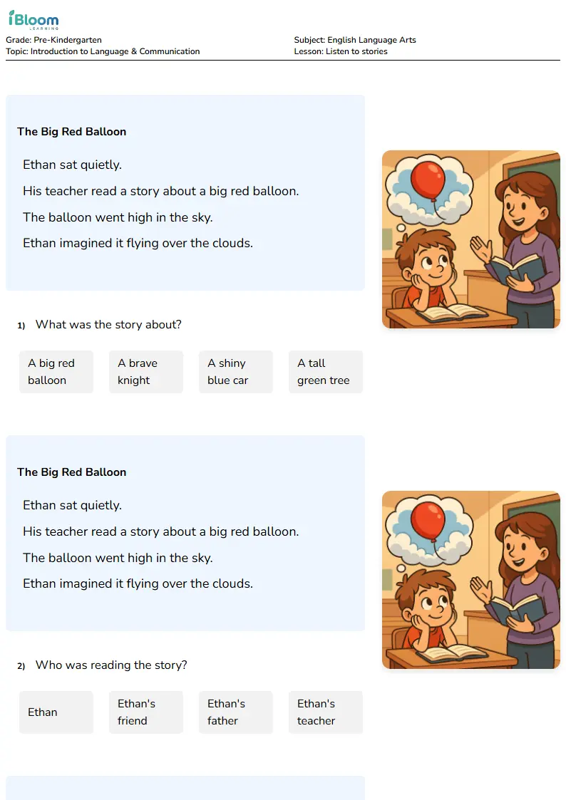Free Listen to stories Worksheets for Pre Kindergarten | iBloom