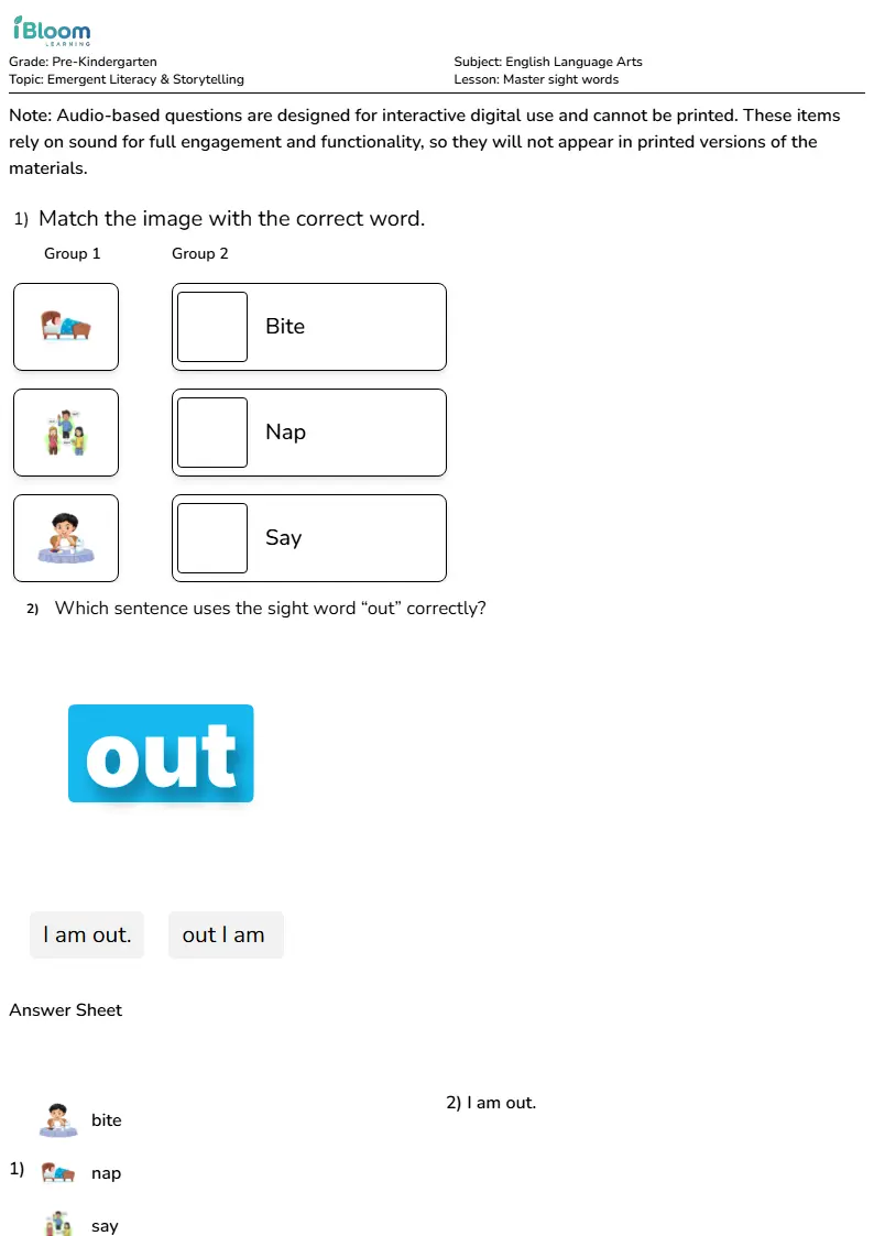 Free Master sight words Worksheets for Pre Kindergarten | iBloom