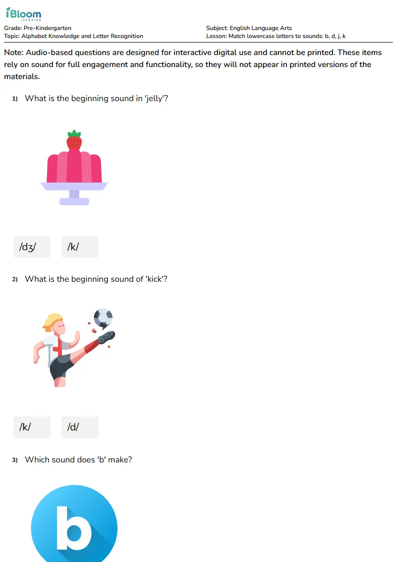 Free Match lowercase letters to sounds: b, d, j, k Worksheets for Pre Kindergarten | iBloom